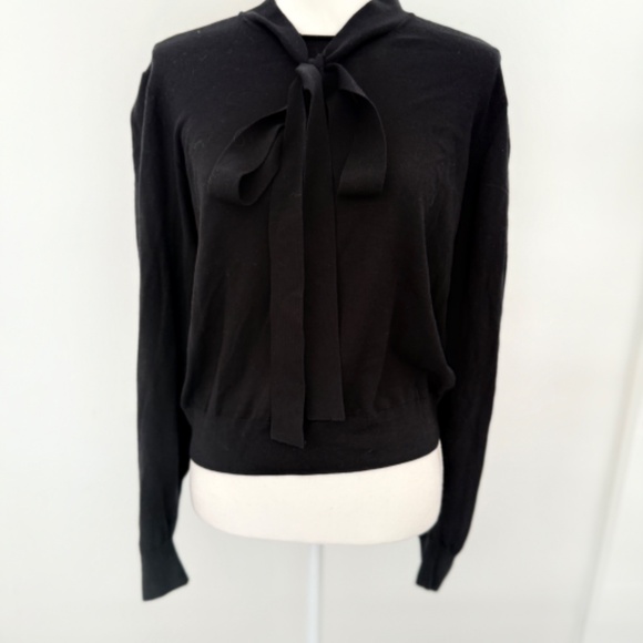 Michael Kors Collection Black High Neck Bow Tie Wool Sweater Long Sleeve